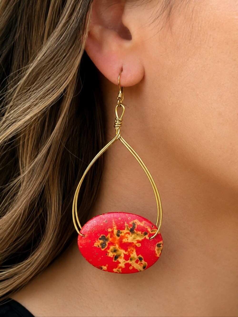 Red Jasper Natural Stone Antique Gold Wire Wrapped Teardrop Hoop Earrings